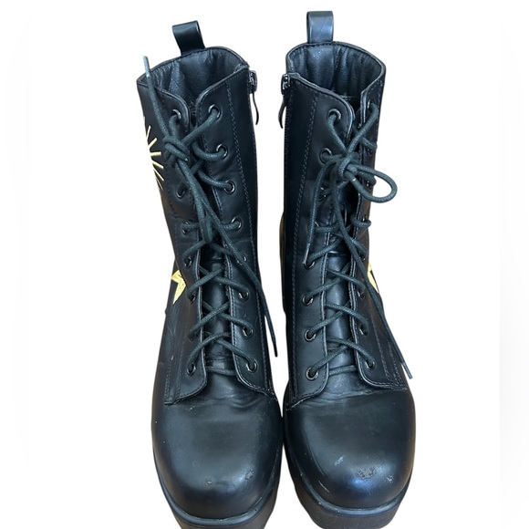 Koi Footwear Black & Gold Astro Star & Moon Chunky Platform Boots Size 7 Goth - Picture 7 of 11